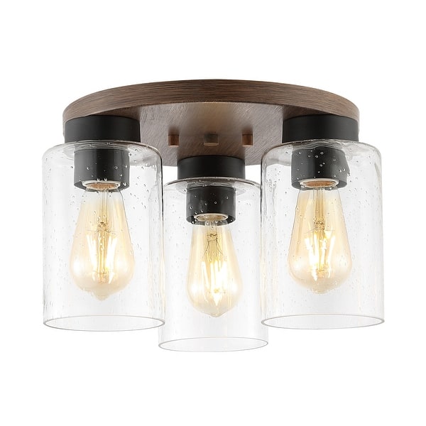 slide 3 of 10, Marla 13" 3-Light Bohemian Farmhouse Iron/Seeded Glass LED Semi Flush Mount, Wood Finish/Clear by JONATHAN Y Wood Finish