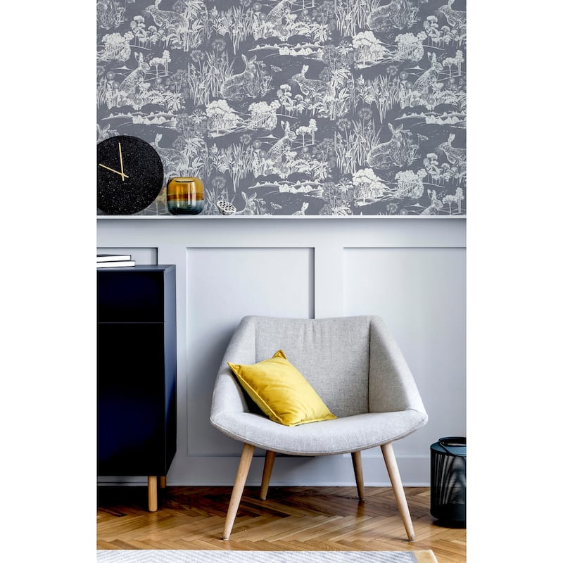Meadow Hare Floral Navy Wallpaper - 20.8 in. W x 33ft L - Double Roll