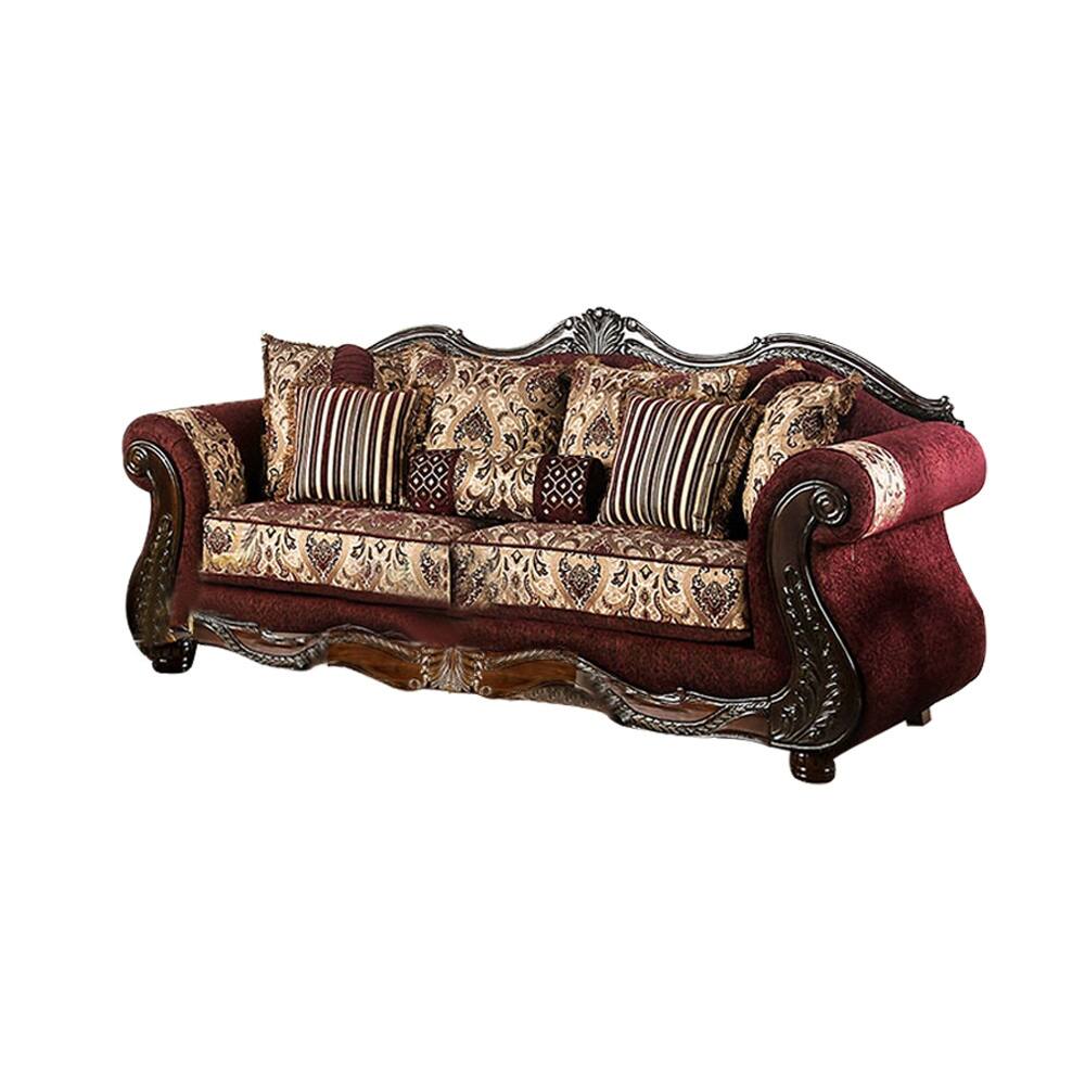 Chenille Upholstered Sofa With Pillows, Burgundy and Brown