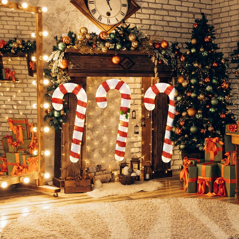 Costway 3 PCS Pre-Lit Candy Canes 31.5"H Xmas Yard Signs with 75 LED - Red + White - See Details