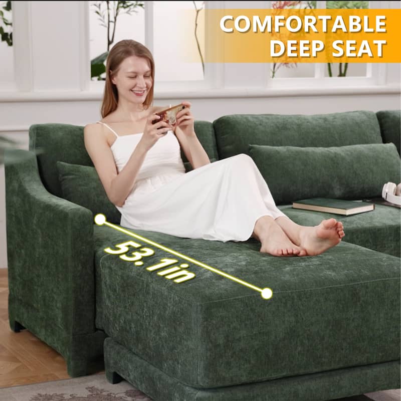 141.7" Chenille Modular 4-Seater Sofa with Movable Ottoman, High-Resilient Sponge, and Ergonomic Wooden Base