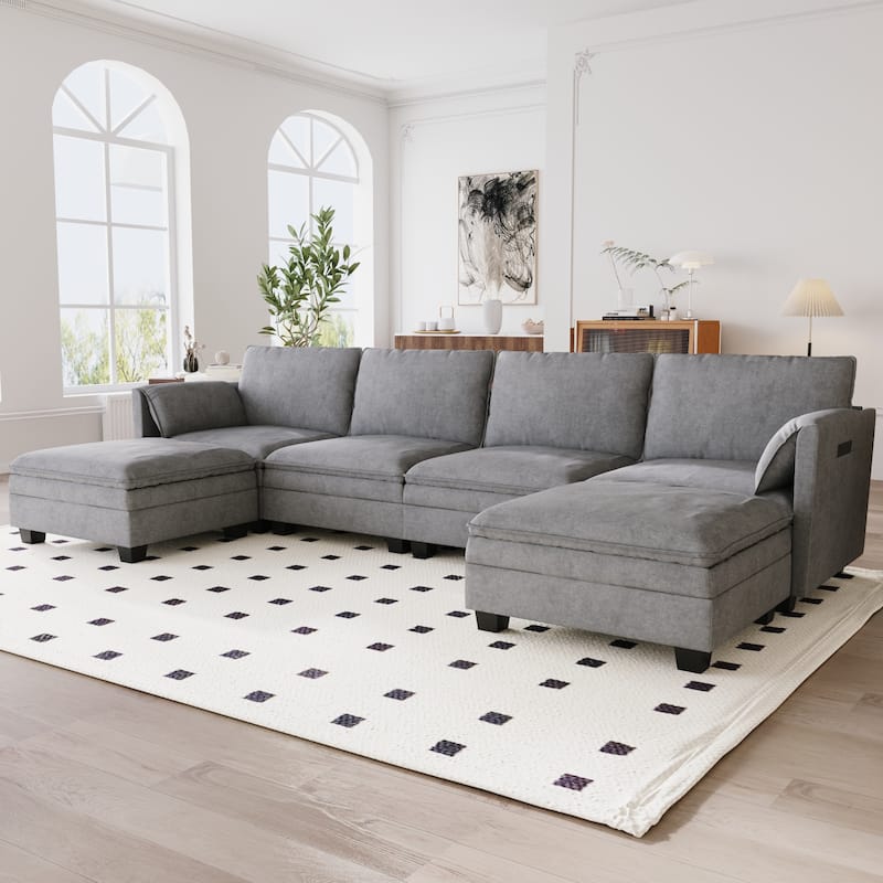 Christopher Knight Home - Noah 141.5" U-Shaped 6-Seater Sofa Couch with Movable Ottoman and Armrest Pockets, Fabric Upholstery