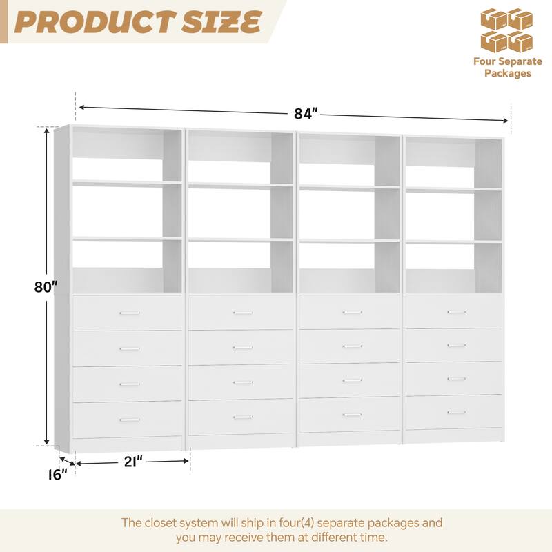Freestanding Closet Organizer with 4 Drawers and 4 Shelves, Wooden Closet System for Walk-in Closet