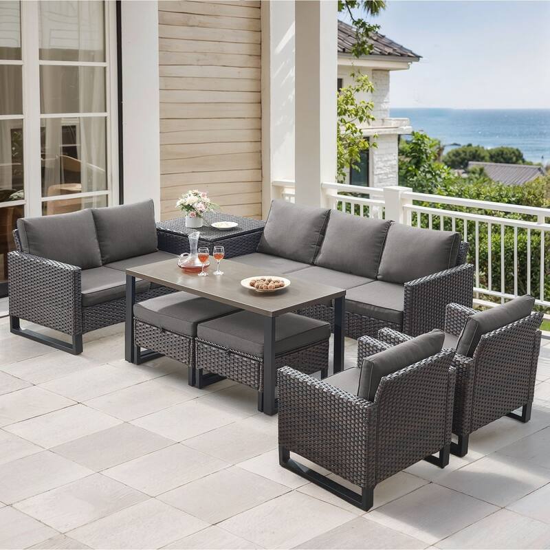 Gymojoy 7-9 Person Outdoor Patio Wicker Conversation Set Group With Armchairs And Ottomans