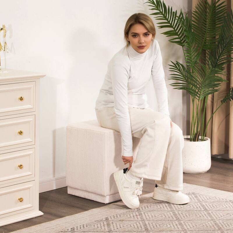 Adeco Ottoman Footrest Vanity Stool Gold Trim Footstool