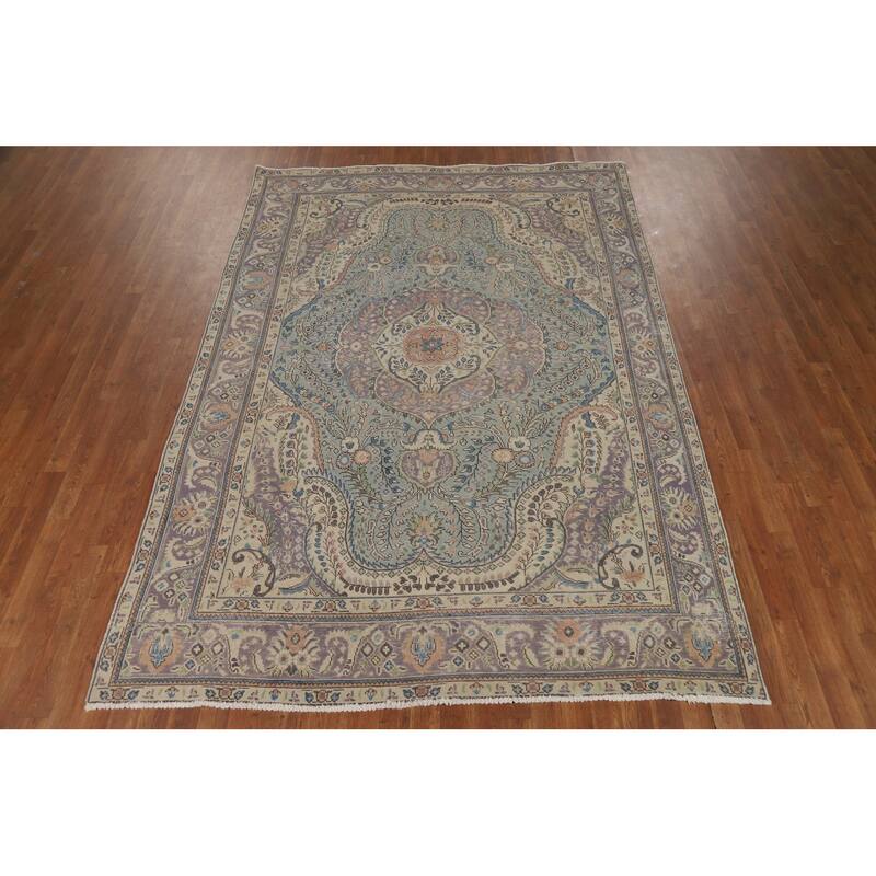 Flora Blue Tabriz Persian Area Rug Traditional Handmade Wool Carpet - 6'6"x 9'5"