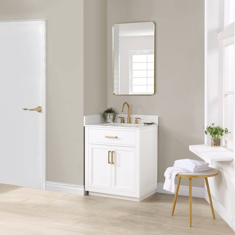 Altair Gavino Bath Vanity with Grain White Composite Stone Top and Mirror - 30 inch - White+Brushed Gold