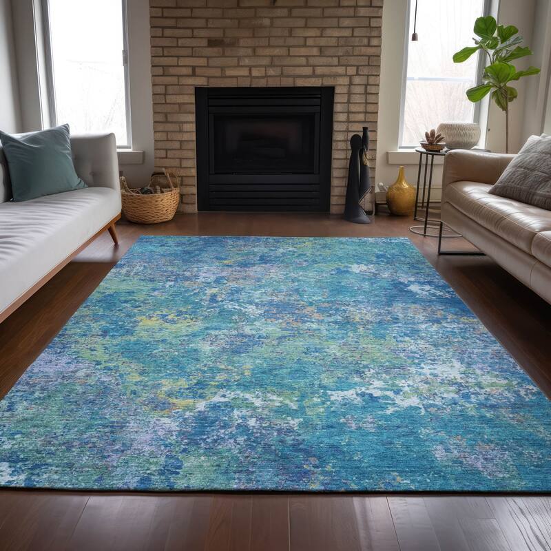 Machine Washable Indoor/Outdoor Abstract Watercolor Chantille Rug