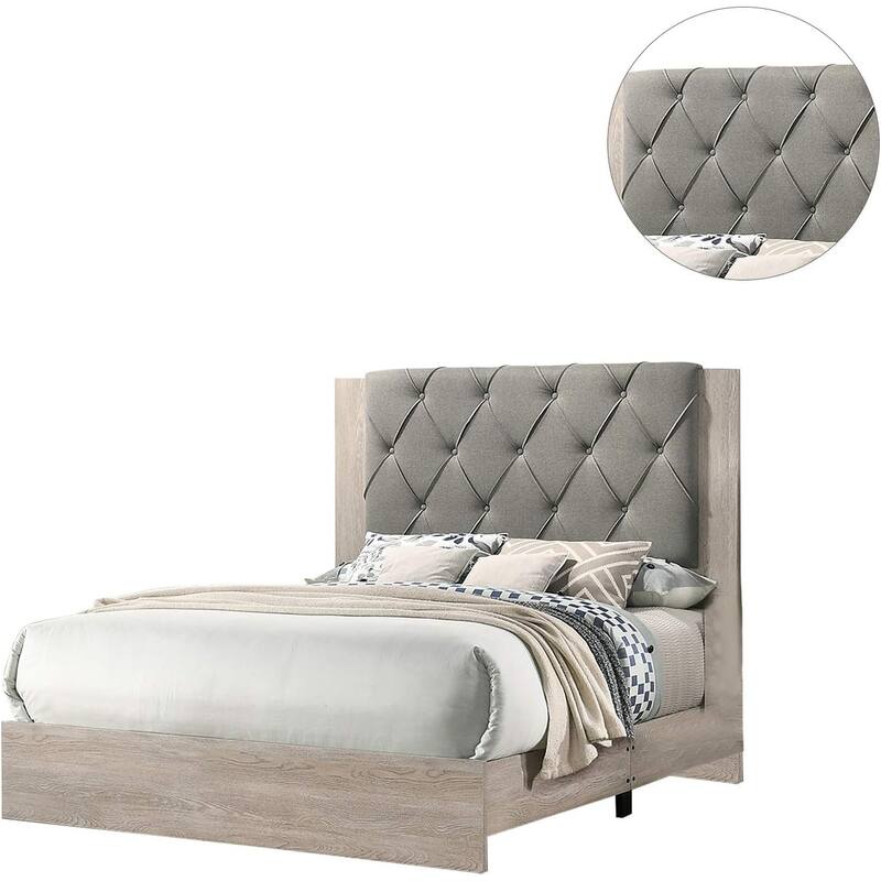 Queen Size Upholstered Bed with Tufted Gray Headboard in Cream Finish - Rubberwood Frame