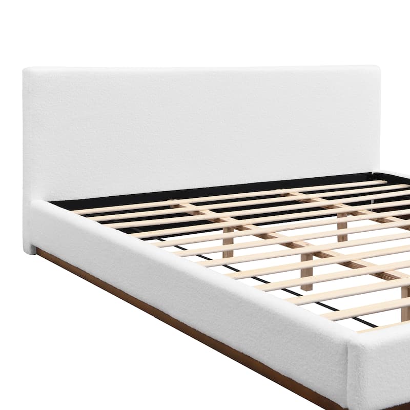 King Size Fabric Upholstered Platform Bed with Solid Wood Base and Wood Grain Texture