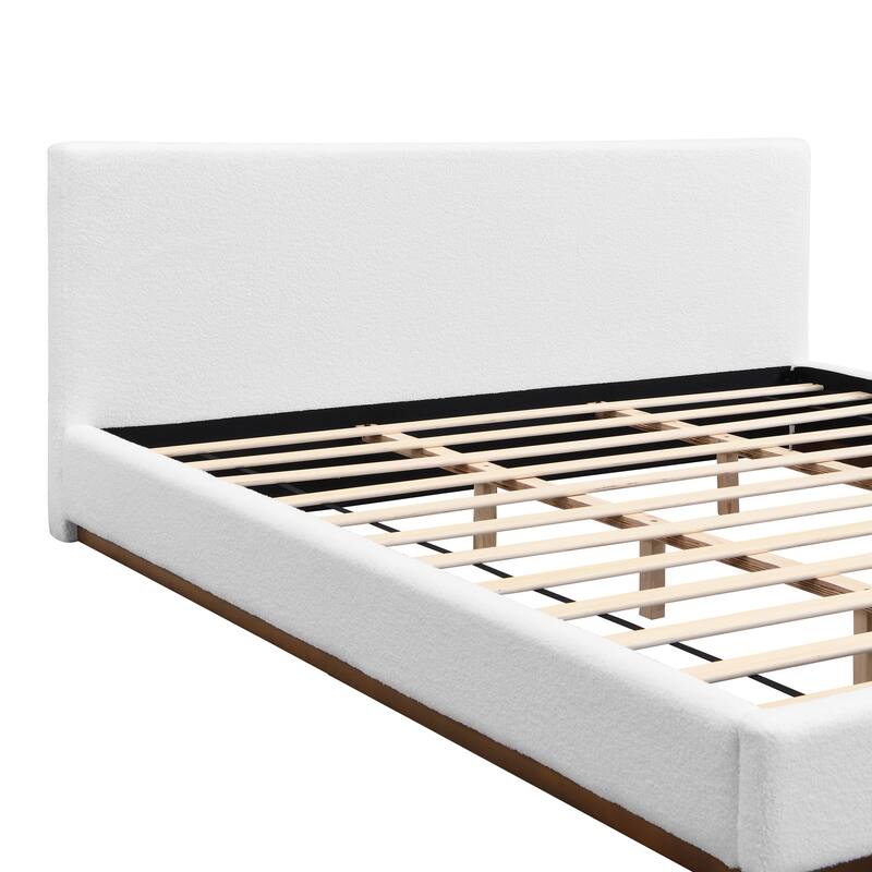 Upholstered Bed Frame with Headboard, Solid Wood Base Floor Platform Bed Frame for Bedroom, No Box Spring Needed No Noise/White
