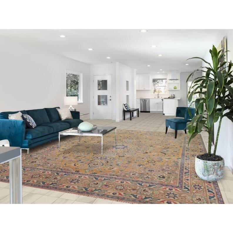 Hand Knotted Oriental 100% Wool Carpet Traditional Floral Yellow & Gold Mashad Area Rug - 12' 4'' X 9' 7''