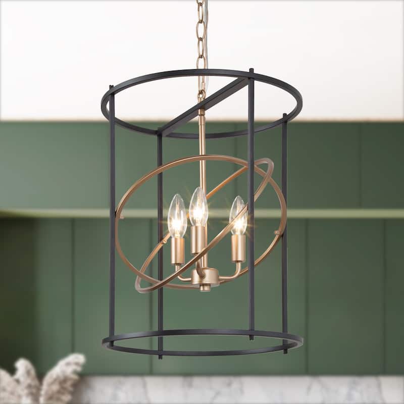 Modern 3-Light Black Gold Chandelier Cyliner Pendant for Kitchen Island - D14"x H17.7"