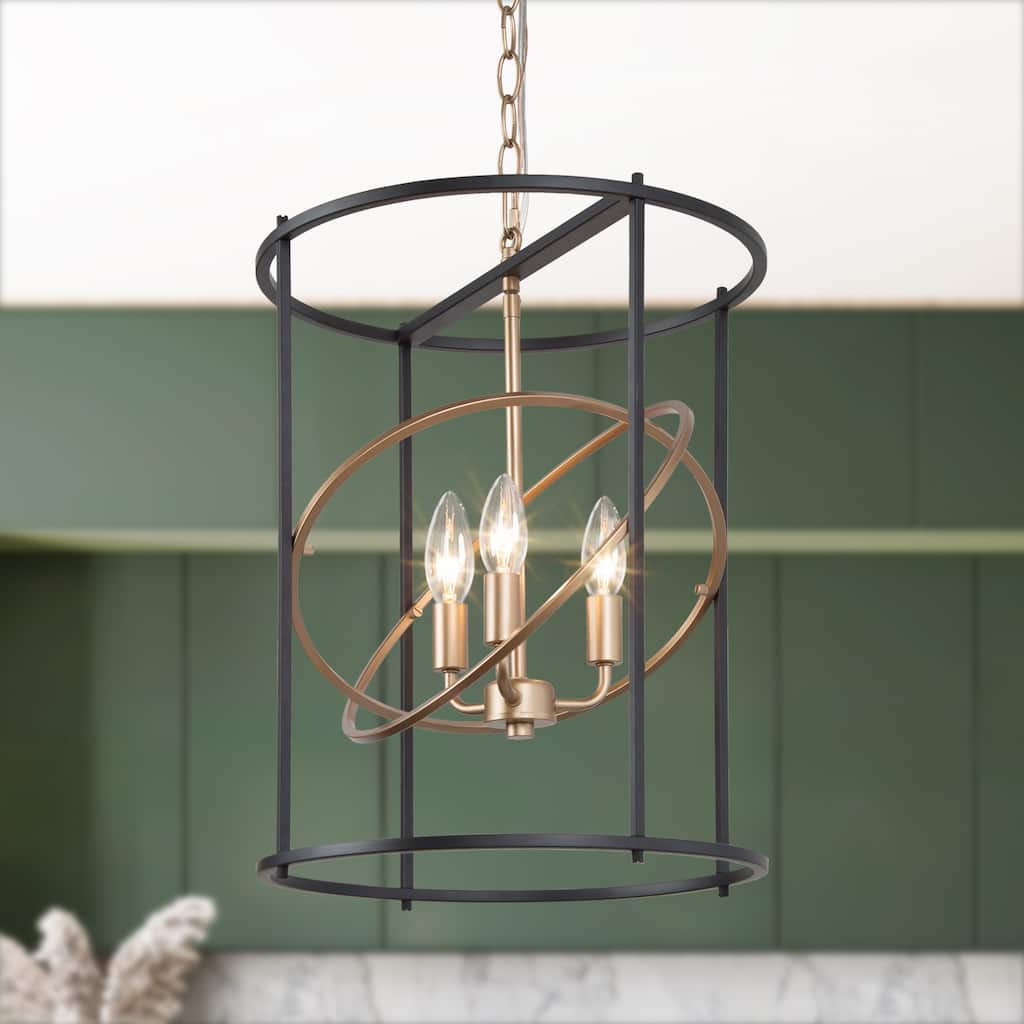 Modern 3-Light Black Gold Chandelier Cyliner Pendant for Kitchen Island - D14"x H17.7"