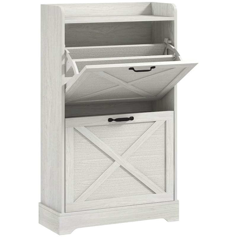 Slim Shoe Cabinet, Farmhouse Hidden Shoe Storage Cabinet with 2 Flip Drawers and Adjustable Shelves for 8 Pairs of Shoes