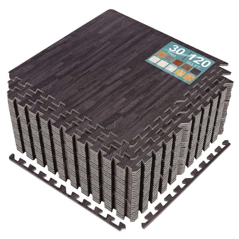 Sorbus 120 Sq. Ft. Wood Grain Floor Tiles Foam Mat EVA Interlocking Mats Tile 3/8-Inch Thick Flooring Wood Puzzle Exercise Mats - Carbon