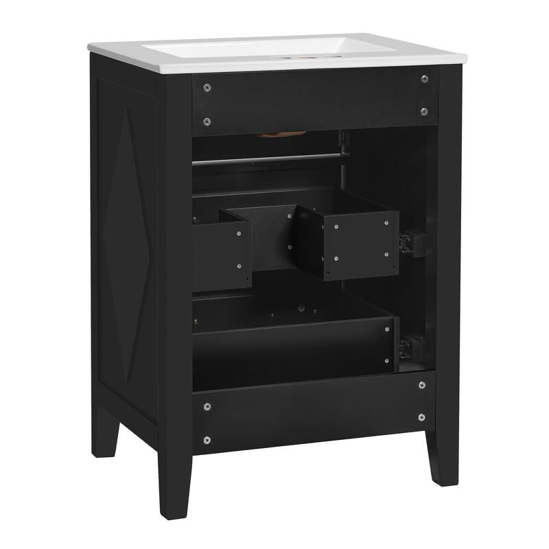 Roomfitters 24 Inch Bathroom Vanity with Ceramic Sink Combo, Free Standing Solid Wood Frame Cabinet with 3 Sliding Tiers