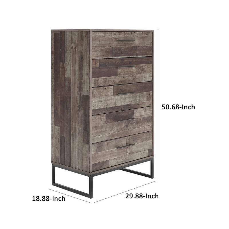 Vyne 51 Inch Tall Dresser 5 Drawers Chest, Gray Woodblock, Black Metal Base