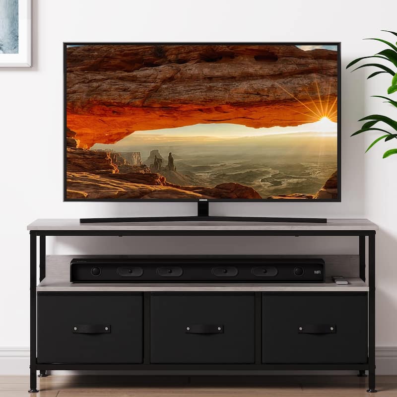 TV Stand with 3 Fabric Drawers, TV Cabinet for 55 Inch TV - Grey+Black