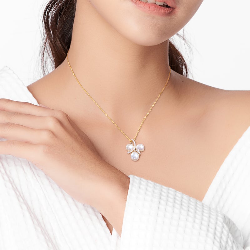 Miadora 8-8.5mm & 9-9.5mm Cultured Freshwater Pearl and 1/10ct TDW Diamond Bow 14k Yellow Gold