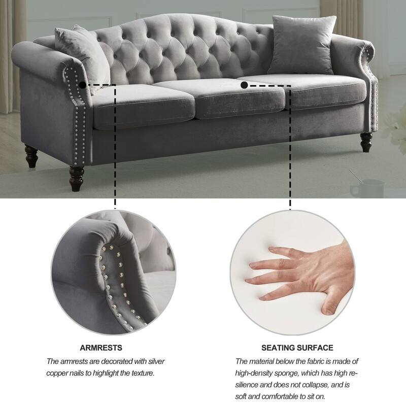 Chesterfield Sofa Velvet for Living Room, 3 Seater Sofa Tufted Couch with Rolled Arms and Nailhead, two pillows 