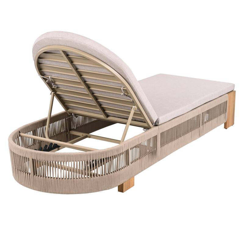 Rope Woven Outdoor Chaise Lounge Chair Adjustable Patio Recliner with Cushions Breathable Net Frame Sun Tanning Poolside Lounger