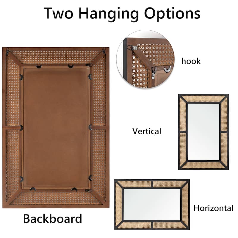 Large Rattan Wall Mirror Bohemian Square Accent Mirror for Wall Decor - 23.6"×35.5"