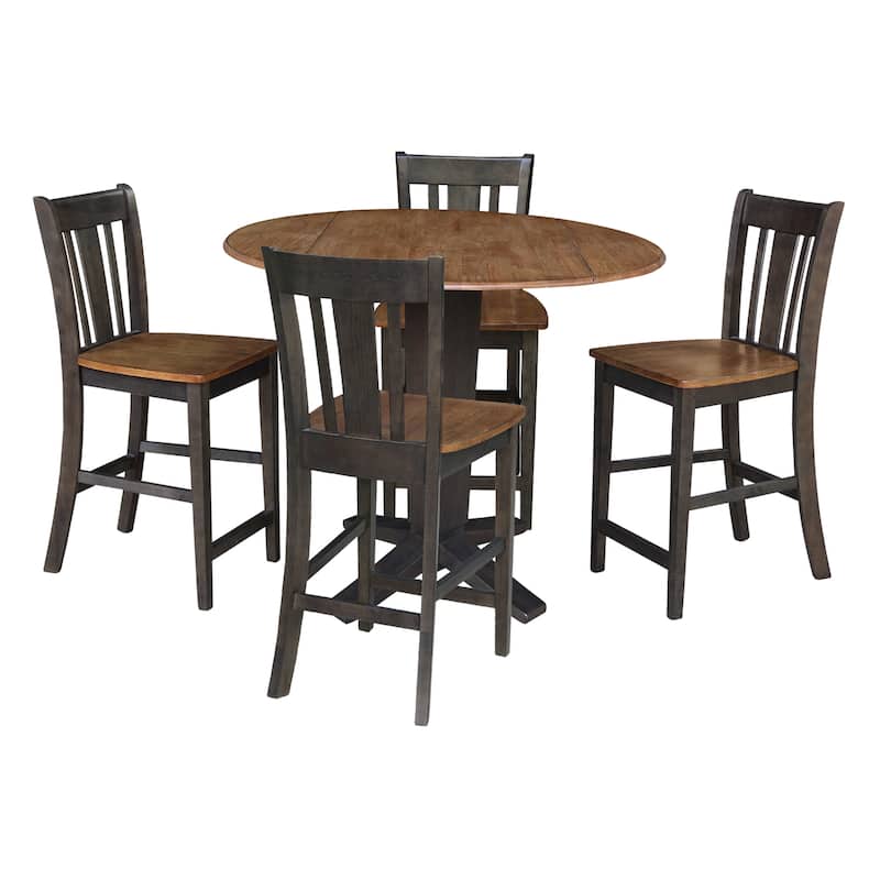 42 in Solid Wood Round Drop Leaf Counter Height Dining Table with Stools in Hickory/Washed Coal - 5-Piece