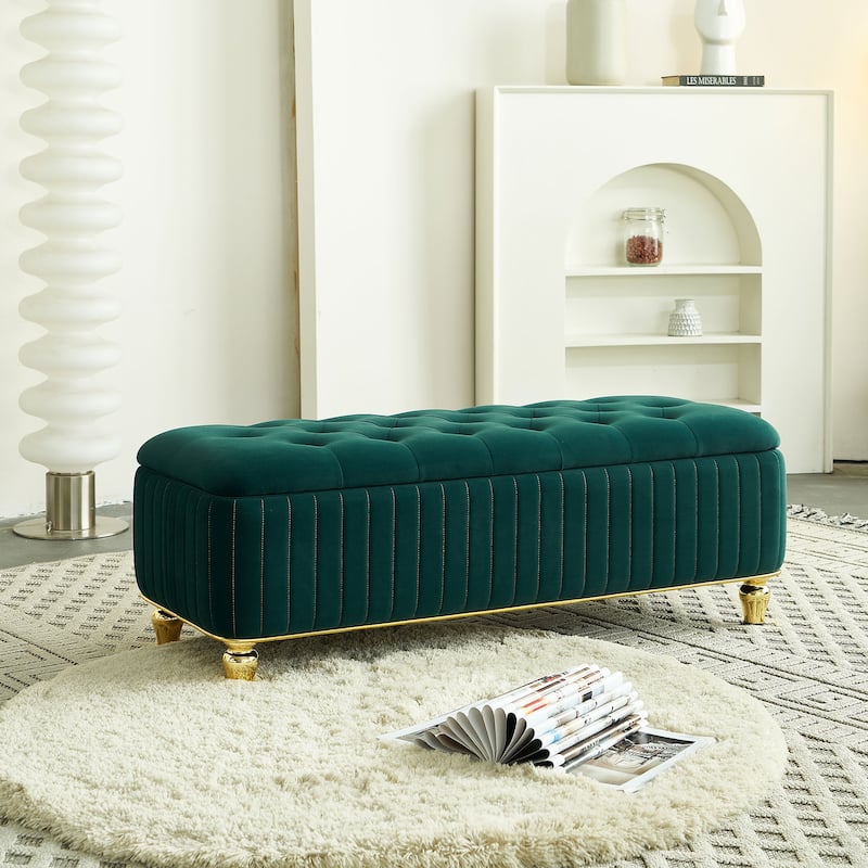 Storage Bench Ottoman Bench with Safety Hinge, Footstool Green End of Bed Bench Vanity Bench Lounge Bench