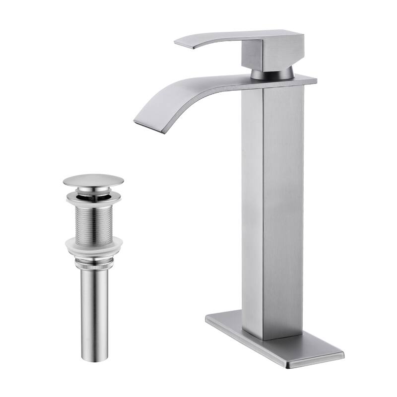 Waterfall Spout Bathroom Sink Single Handle Faucet with Pop-Up Drain (No Overflow) - Brushed Nickel