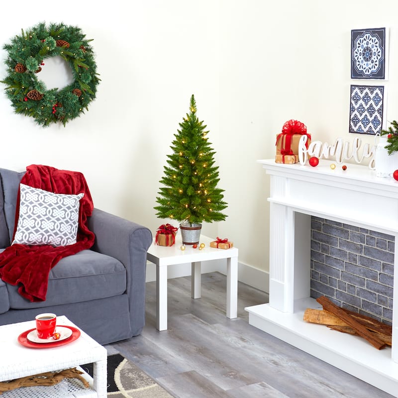 3ft. Pine Artificial Christmas Tree with 50 Warm White Lights and 143 Branches - Compact Holiday X-Mas Accent Tree