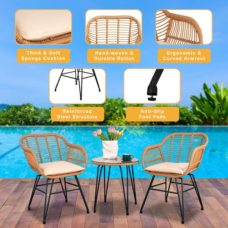 3 Piece Outdoor Wicker Furniture Patio Bistro Set With Cushions for Porch Poolside Garden - 21.2"L x 23.6"W x 31.5"H