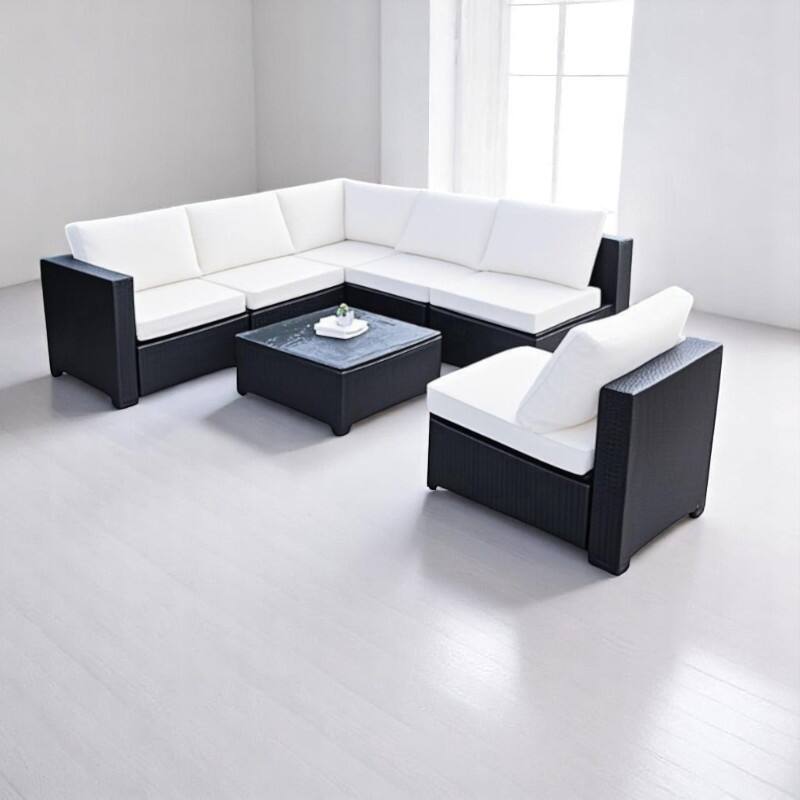7-Piece Outdoor Rattan Patio Furniture Set, Black PE Wicker Sectional Sofa with Blue Cushions, Tempered Glass Table