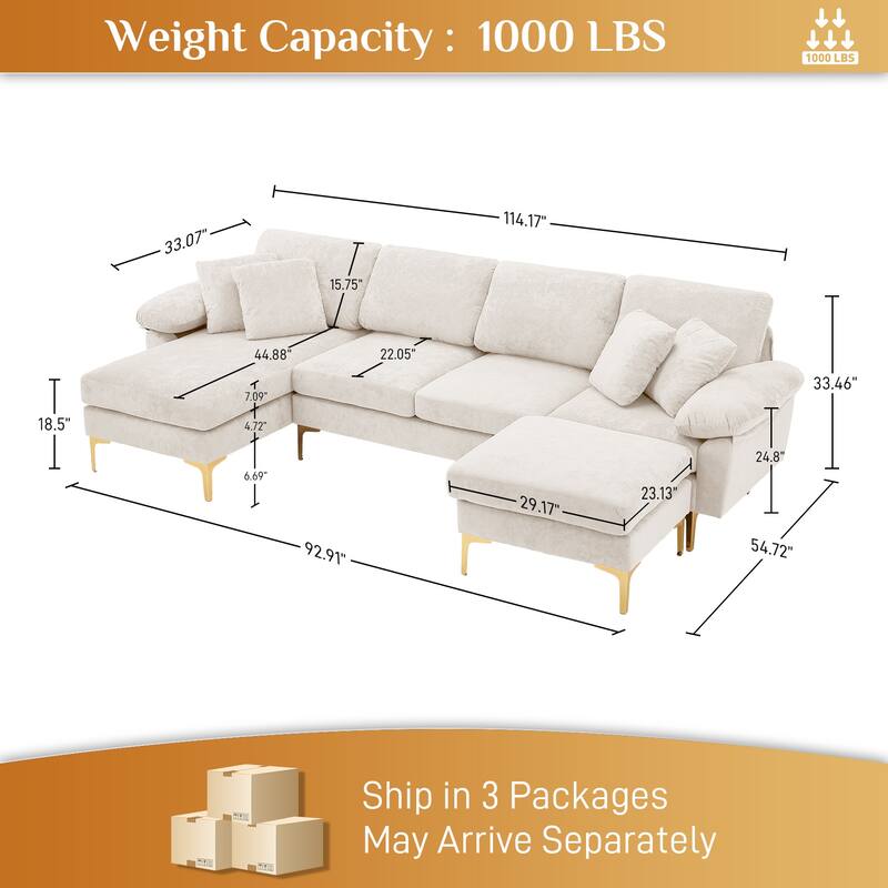 110" Upholstered Velvet U-shaped Sectional Sofa With Chaise Lounge & Ottoman