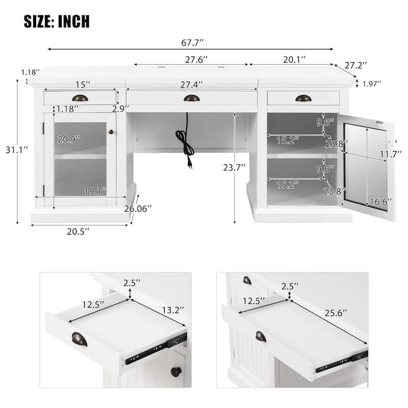 67-Inch Modern Executive Computer Desk with 2 Glass Doors Storage Cabinet & 3 Drawers