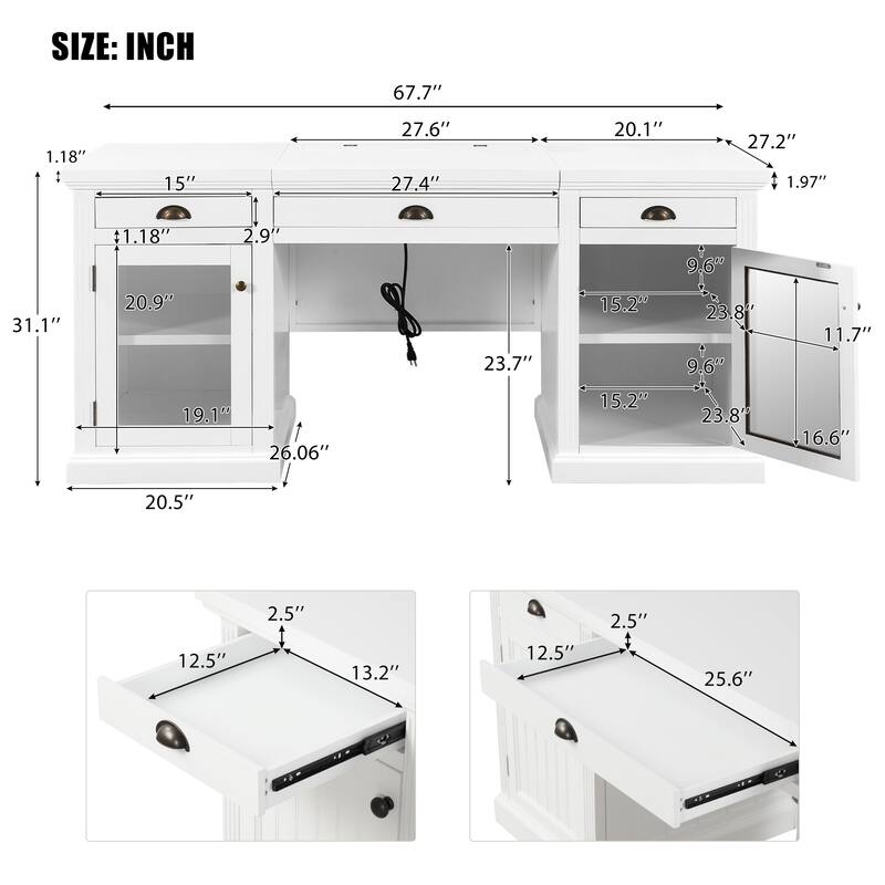 Merax Executive Storage Desk with Hidden Power Hub and Glass-Door Cabinets