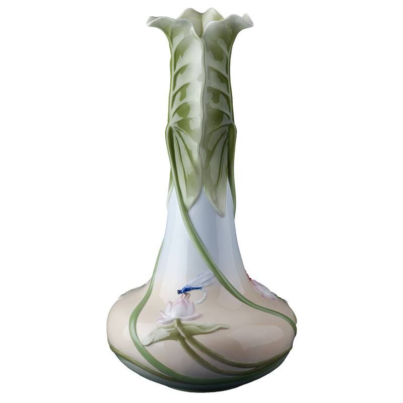 Charis 15.94" height Triple Lotus Leaves Tall Vase with Red Dragonfly multicolor Fine Porcelain