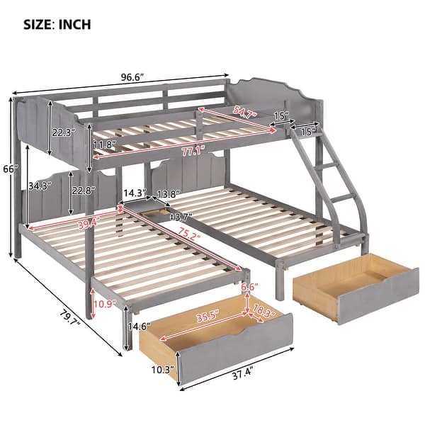 Full Over Twin & Twin Triple Bunk Bed with Drawers, Velvet Upholstery, and Guardrails in Gray