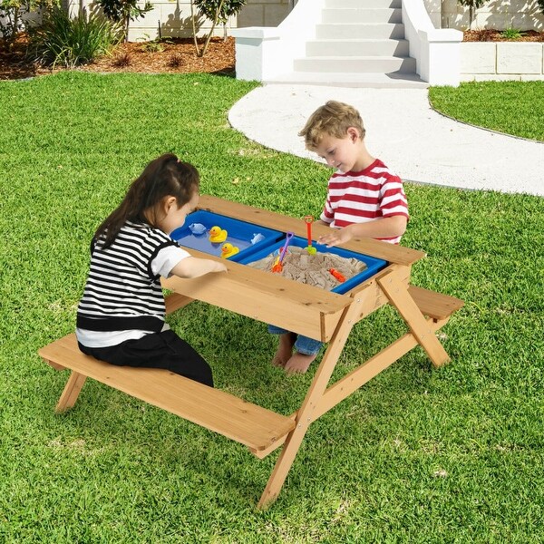 3-in-1 Kids Picnic Table Wooden Outdoor Water Sand Table with Play