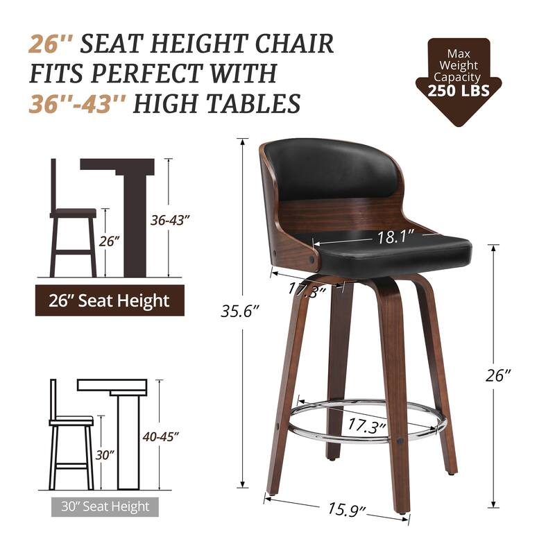 26 in. Counter Height Stool, Wooden Swivel Barstool PU Leather with Low Back