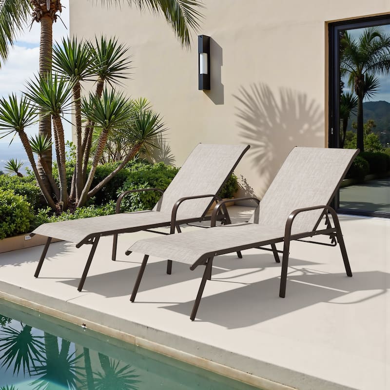 Set of 2/4 Lounge Chairs Outdoor Chaise Lounge with Arms and Adjustable Back - Beige - 2PC