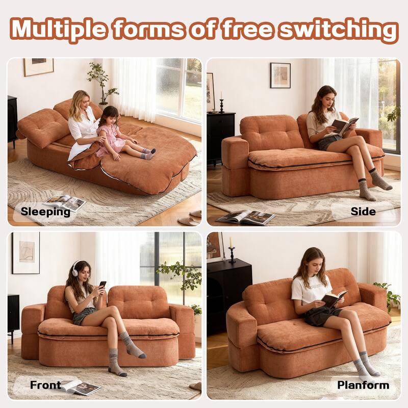 Modern 2-Seater Sofa 2-in-1 Sleeper Sofa Bed with Convertible Sofa Cushion Unfolds Into Quilt, for Living Room, Caramel