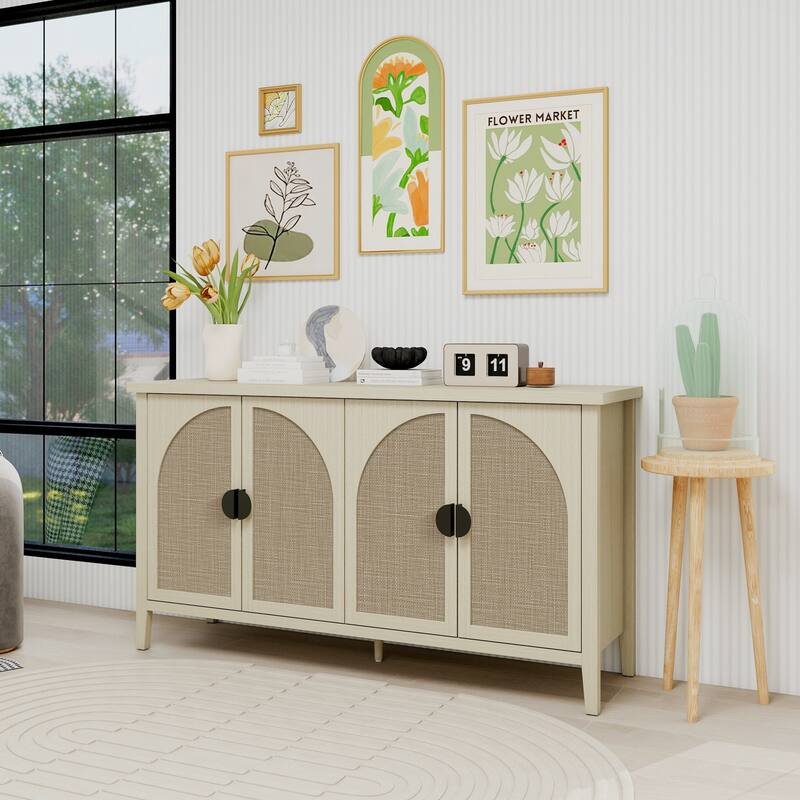 Roomfitters Rattan 4 Door Storage Cabinet, Sideboard Buffet Accent Cabinet with Adjustable Shelves, Natural