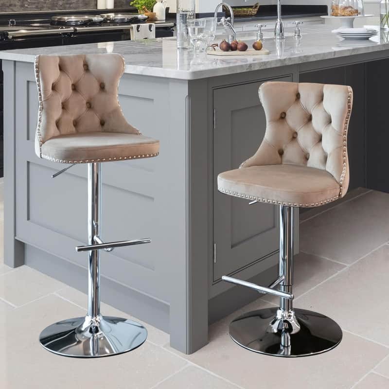 Velvet Upholstered Nailheads Tufted Swivel Bar Stools (Set of 2)