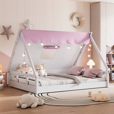 Tent Shape Design Wooden Full Size Tent Bed with Fabric for Kids,Platform Bed with Fence and Roof