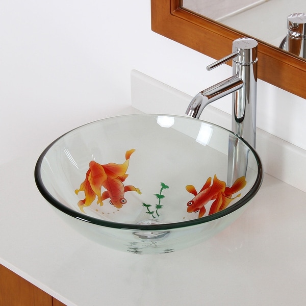 U Bathroom Temperred Glass Golden Fish Painted Vessel Sink Faucet Combo Sink Set