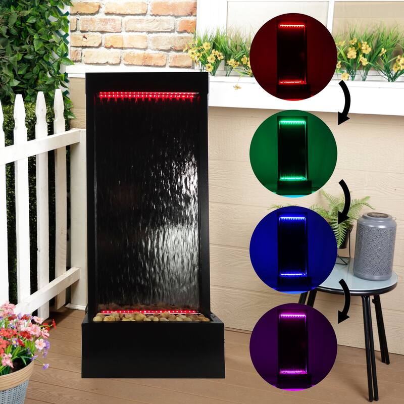 Alpine Corporation 72" Zen Mirror Waterfall Fountain with LED Lights and Stones