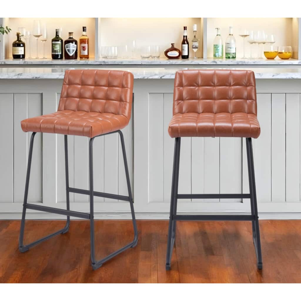 Set of Two 30" Brown And Black Faux Leather And Steel Bar Height Bar Chairs