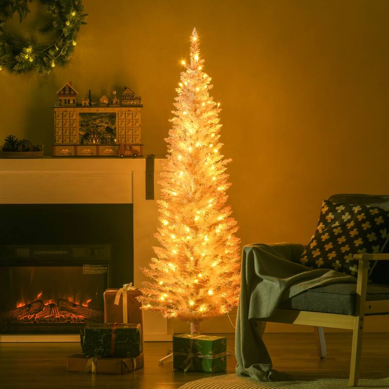 5' Tall Pre-Lit Slim Noble Fir Artificial Christmas Tree with 110 Warm White LED Lights and 294 Tips - Pink