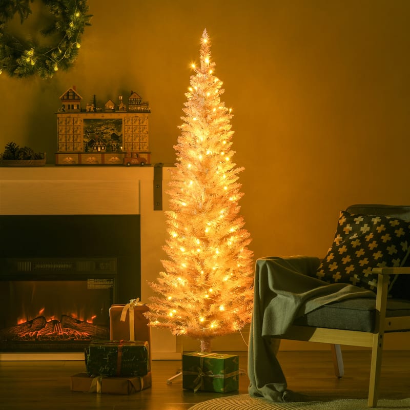 HOMCOM 5' Tall Pre-Lit Slim Noble Fir Artificial Christmas Tree with Realistic Branches, 110 Warm White LED Lights and 294 Tips